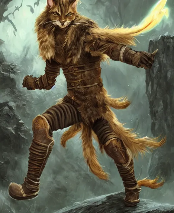 Image similar to humanoid male khajiit rogue with a scar on left eye, wearing leather armor with a hood, mainecoon cat features with jet black fur, far - mid shot, magic the gathering, fantasy