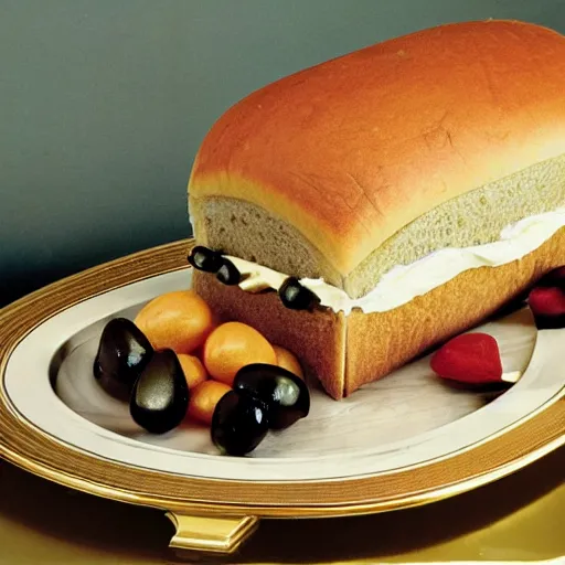 Prompt: sliced frosted sandwich loaf with olives and cream cheese on an ornate golden platter, dinner party display, high resolution magazine scan, seventies era