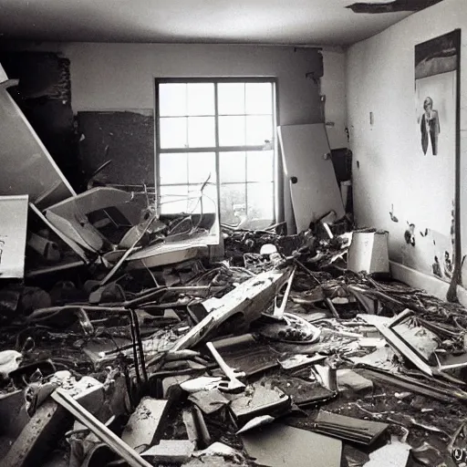 Image similar to The kinetic sculpture shows a scene of total destruction. A room has been completely wrecked, with furniture overturned, belongings strewn about, and debris everywhere. The only thing left intact is a single photograph on the wall. This photograph is the only evidence of what the room once looked like. It shows a tidy, well-appointed space, with everything in its place. The contrast between the two images is stark, and it is clear that the destruction was complete and absolute. ceramic bust by David Driskell rich