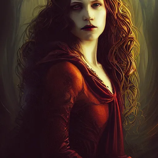 Image similar to majestic gracious regal aristocratic female vampire portrait, atmospheric lighting, painted, ravenous, tempestuous, menacing, intricate, volumetric lighting, beautiful, rich deep colours masterpiece, golden hour, sharp focus, ultra detailed, by leesha hannigan, ross tran, thierry doizon, kai carpenter, ignacio fernandez rios