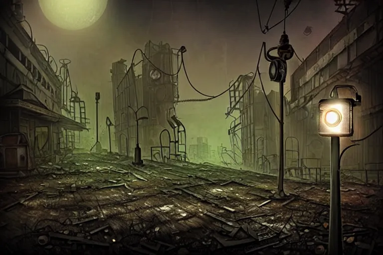 Prompt: dieselpunk town dystopian decay post apocalyptic night spotlights