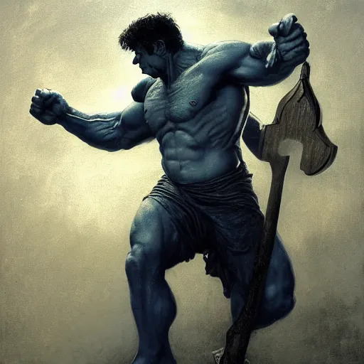 Prompt: artstation concept a midnight blue hulk holding an axe, dusty brown background, grotesque face, hyperdetailed, artstation trending, world renowned artists, worth 1 0 0 0. com, historic artworks society, antique renewel, cgsociety, by greg rutkowski, by gustave dore, deviantart