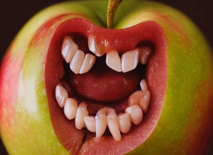 Image similar to photo still of an apple with human teeth, 8 k, studio lighting bright ambient lighting key light, 8 5 mm f 1. 8