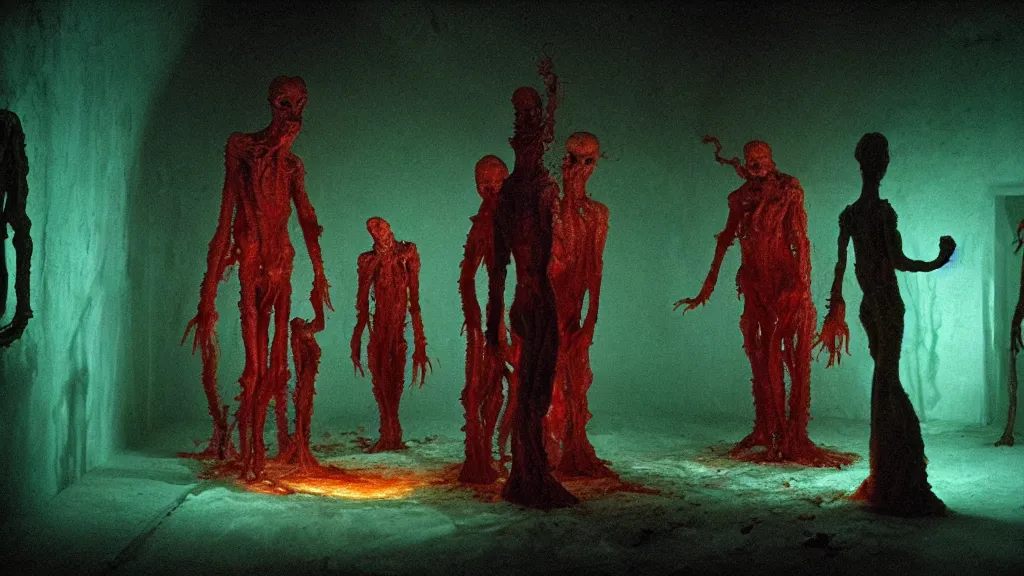 Prompt: the creature in the basement, made of glowing wax and oil, surrounded by friends, film still from the movie directed by denis villeneuve and david cronenberg with art direction by salvador dali and zdzisław beksinski, wide lens