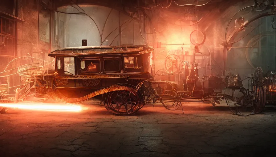 Prompt: A glowing electrical Steampunk car in a victorian museum, james gurney, cinematic lighting, lots of steam and sparks, wires made of copper, artstation, vibrant nature, Tuomas Korpi, tekkon kinreet, volumetric light, artstation, , octane render, redshift render, low angle camera, rich deep moody colors