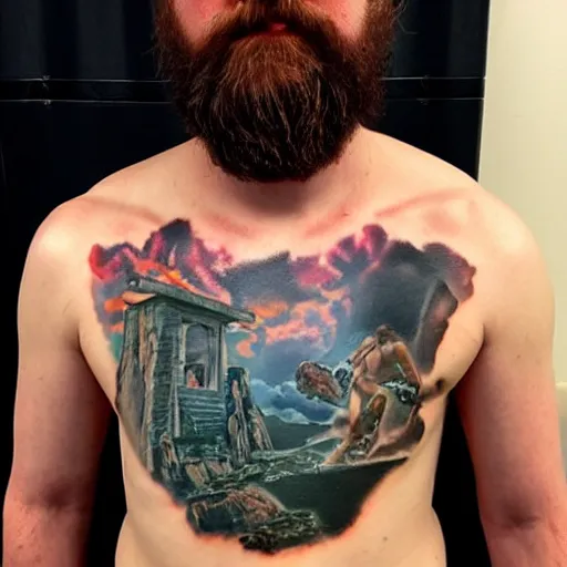 Prompt: an ultra realistic 8 k hdr photo of an award winning healed color tattoo of zardoz on a man ’ s super hairy chest