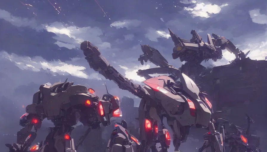 Image similar to mech battle, trending on pixiv fanbox, painted by greg rutkowski makoto shinkai takashi takeuchi studio ghibli