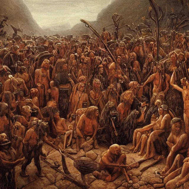 Image similar to a painting of a stone age funeral by johfra bosschart, dark fantasy art, high detail, trending on artstation