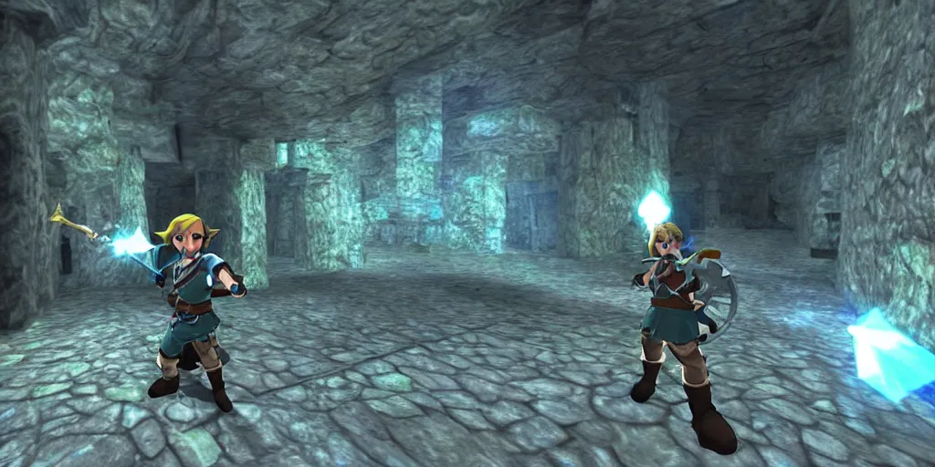 Prompt: Link entering a dungeon in legend of zelda, go pro footage