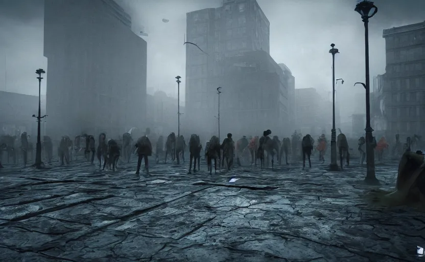 Image similar to Dan Pietro plaza invaded by zombies, epic, mystery, dense fog dusk, highly detailed, cinematic, 8k