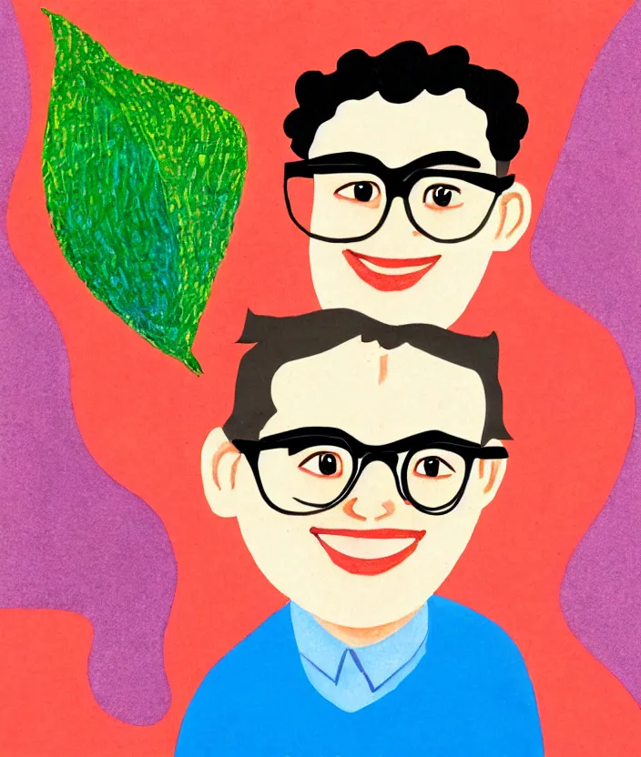 Prompt: illustration of jewish young man with glasses, dark short curly hair smiling, in the style of eric carle