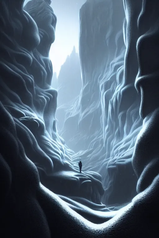 Prompt: futuristic atmosphere in the snowy mountains dolomites 3 d concept art, cinematic lighting, mouth of a cave, rule of thirds, depth of field, intricate details, building by zaha hadid, stormy weather, emissary space by arthur haas and bruce pennington and john schoenherr, cinematic matte painting, dark moody monochrome colors, trending on artstation, featured on behance