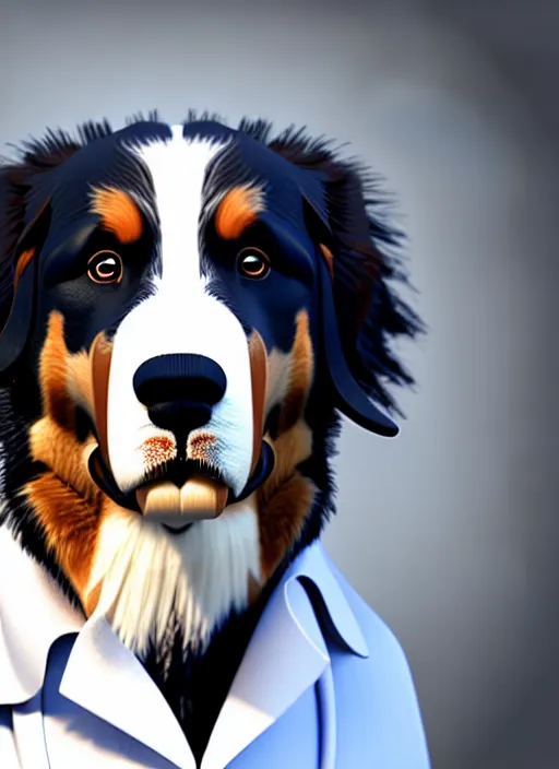 Image similar to photo of a bernese mountain dog wearing a lab coat, highly detailed, sharp focus, octane render