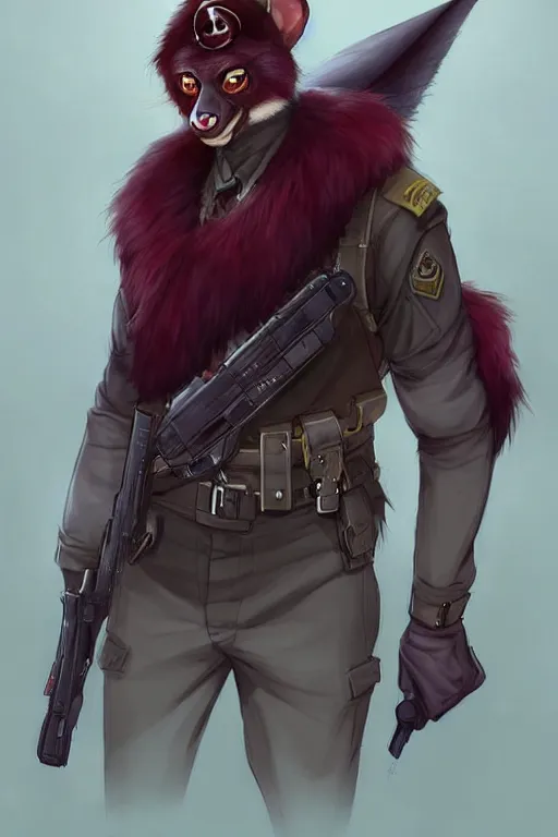 Image similar to beautiful portrait commission of a male furry anthro!!! fruit bat wearing military clothes and a maroon beret. Active Warzone with guns and explosions Atmospheric. Character design by charlie bowater, ross tran, artgerm, and makoto shinkai, detailed, inked, western comic book art. male furry anthro!!! fruit bat