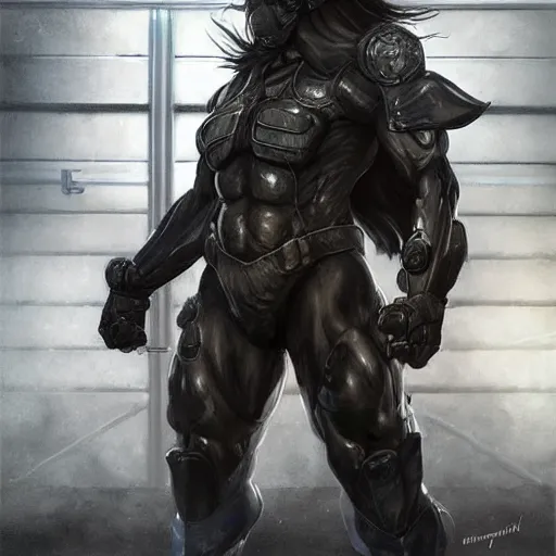 Image similar to splash art of a super buff black - coated anthropomorphic horse character in a research facility wearing a leather combat suit, long hair, exaggerated muscles, highly detailed, furry, furaffinity, digital painting, artstation, sharp focus, illustration, art by artgerm, greg rutkowski, alphonse mucha