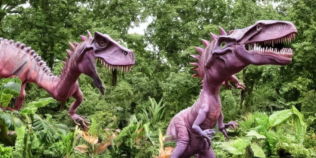 Image similar to dinosaurs in kew gardens in wigs