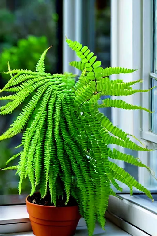 Image similar to an unknown exotic succulent fern shrubbery, a strange and weird potted plant is in a windowsill