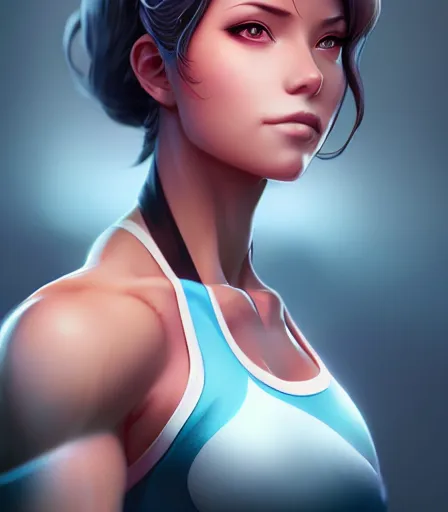 Image similar to beautiful portrait of a gorgeous personal trainer who looks like Nami , character design by charlie bowater, ross tran, artgerm, and makoto shinkai, detailed, soft lighting, rendered in octane