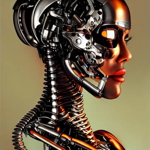 Prompt: ultra realistic painting of half woman half robot in terminator style. highly detailed. elegant, centered, fine details