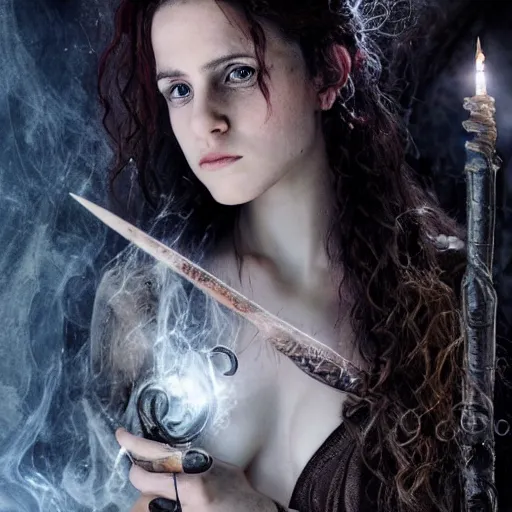 Prompt: Hermione in tattoos conjuring with a magic wand, by luis royo art, dressed beautiful gown, beautiful eyes, Beautiful face, by Aggi Erguna, high detail, high resolution, art from harry potter, by David Lazar and Annie Leibovitz 500px photos, top cinematic lighting ,