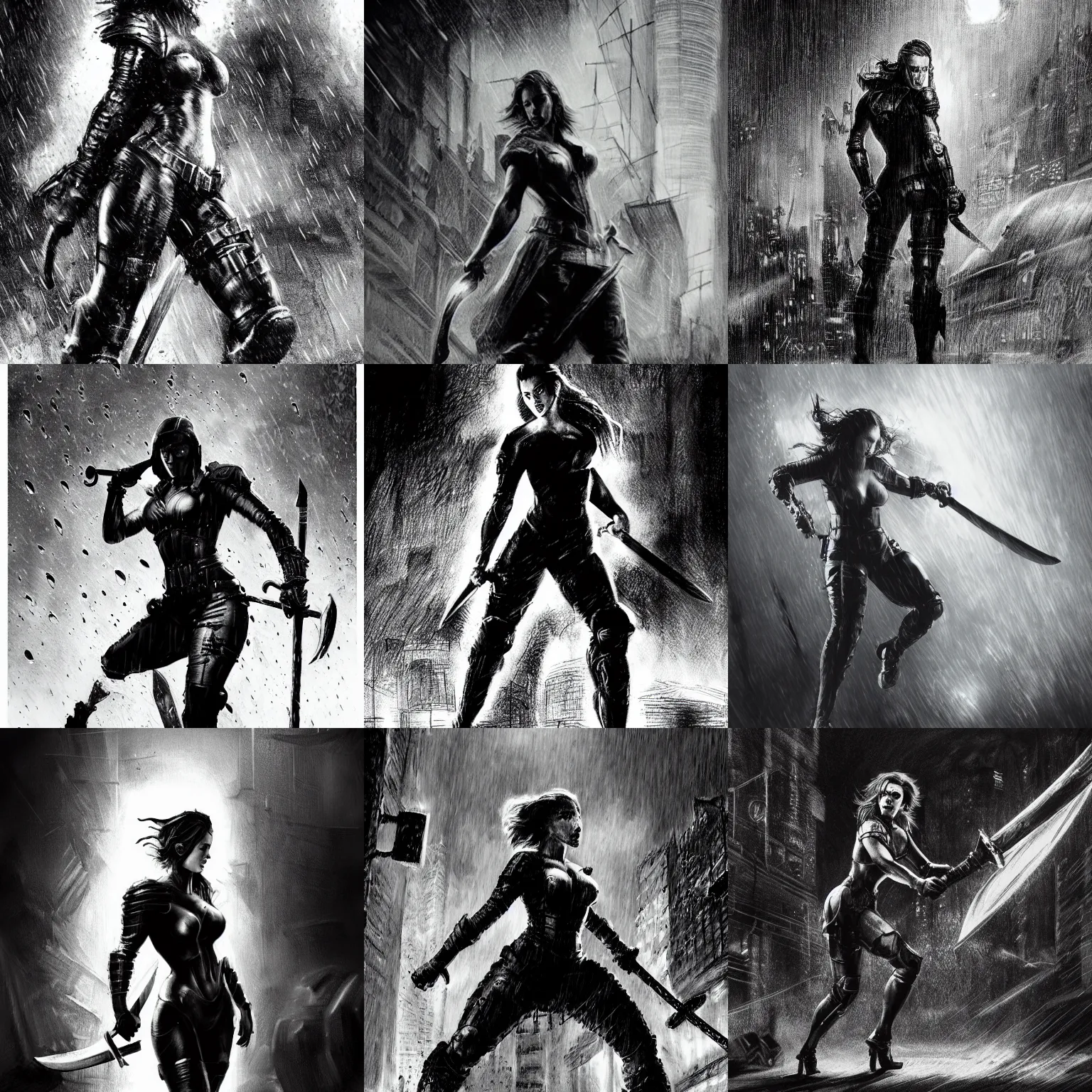 Prompt: black and white scarlett johansson wearing rain soaked armour in the pouring rain, swinging a sword in frank frazetta style, pencil and ink, full body action pose, dramatic lighting in a post apocalyptic cyberpunk city, at night with dramatic moonlight, drawn with added movement effects