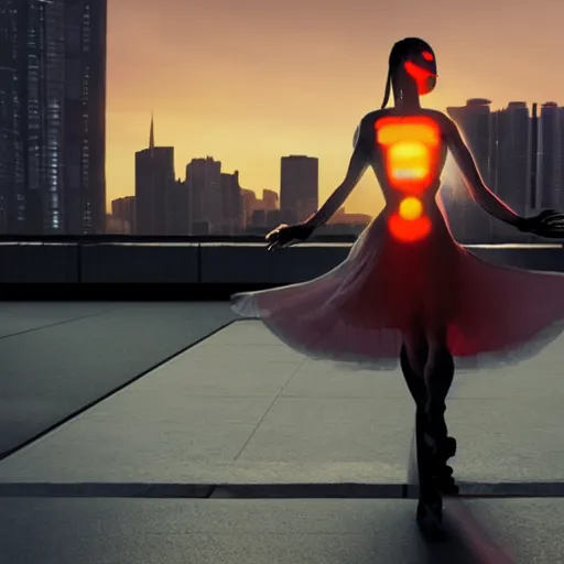 Image similar to cyberpunk woman dancing in front of sunset, hyperrealism