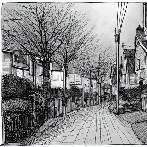 Image similar to suburban street in the uk, at night, by kim jung gi
