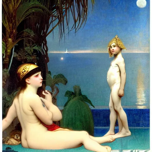 Image similar to Moon girl at the palace, thunderstorm, greek pool, beach and palm trees on the background major arcana sky, by paul delaroche, alphonse mucha and arnold böcklin arnold böcklin hyperrealistic 8k, very detailed