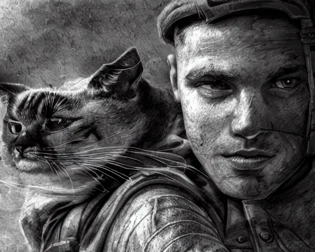 Prompt: A soldier talking to a cat in world war 1, close-up, realistic face, beautiful face detail, mature facial features, black and white, amazing digital art, hyper detailed, artstation, in the style of Tony Sart