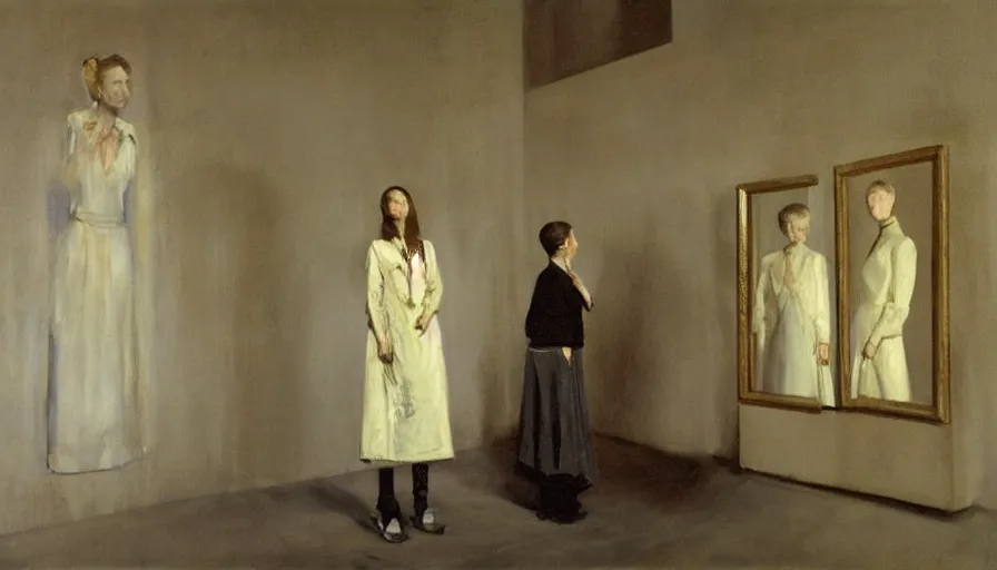 Image similar to painting by borremans, queen in a hall with mirrors on the walls, detailed, stunning