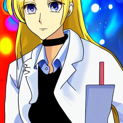 Prompt: A beautiful blonde female scientist, wearing a lab coat, in the style of anime, digital art