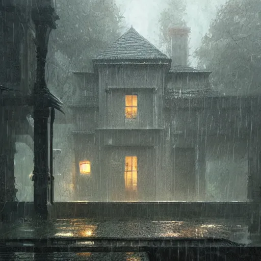 Prompt: a house in the rain, Shadow Realm, Greg Rutkowski, wet floors