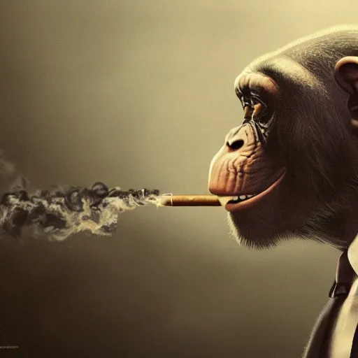 Image similar to a chimp wearing a suit smoking a cigar, dramatic lighting, cinematic, establishing shot, extremly high detail, photorealistic, cinematic lighting, artstation, style by James Gurney