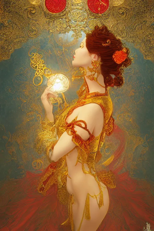 Prompt: tarot card artstation, portrait of a ravishing love dancer, sunrise, baroque ornament and rococo ornament, ancient chinese ornate, hyperdetailed, beautiful lighting, craig mullins, mucha, klimt, yoshitaka amano, depth, red and gold and orange color palette