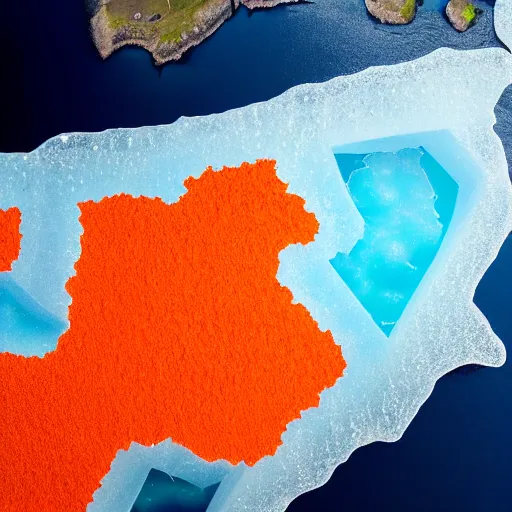 Image similar to top down view of map of country iceland made out of ice, accurate map, surrounded by ocean made out of hot orange lava, realistic