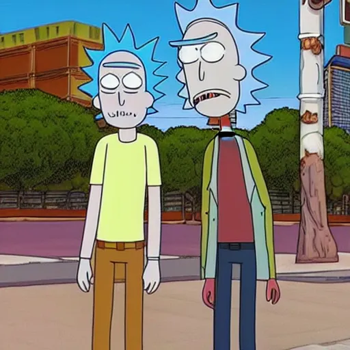 Prompt: rick and morty wandering around in awe in the streets of las vegas