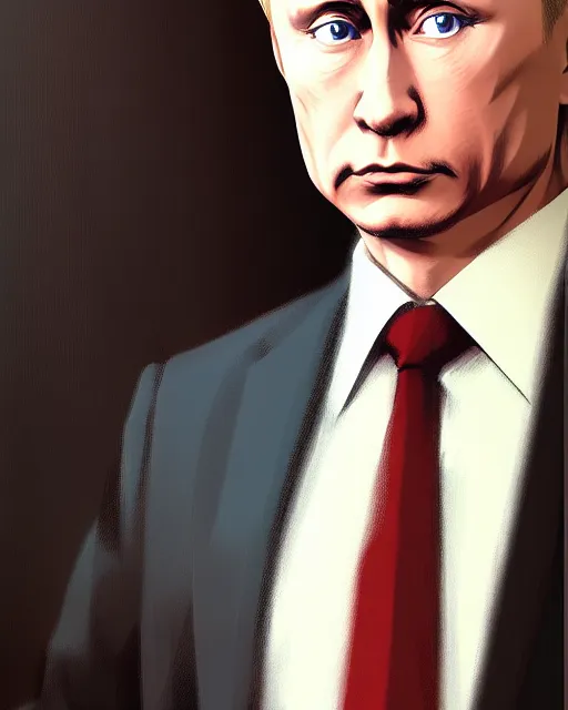 Prompt: portrait Anime guy as Putin. fine-face, pretty face, realistic shaded Perfect face, fine details. Anime. realistic shaded lighting by Ilya Kuvshinov WLOP Michael Garmash and Rob Rey in official suit