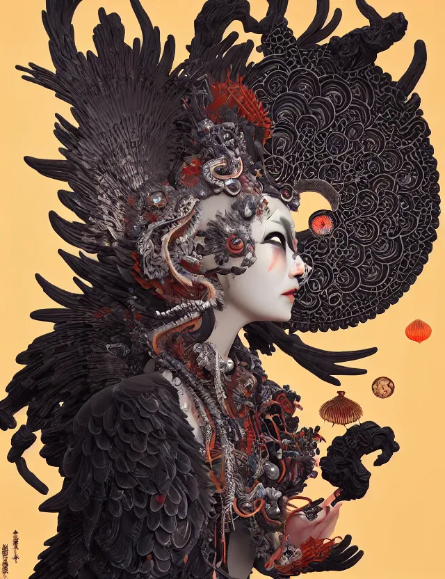 Image similar to 3 d goddess of hell close - up profile portrait with ram skull. beautiful intricately detailed japanese crow kitsune mask and clasical japanese kimono. betta fish, jellyfish phoenix, bio luminescent, plasma, ice, water, wind, creature, artwork by tooth wu and wlop and beeple and greg rutkowski