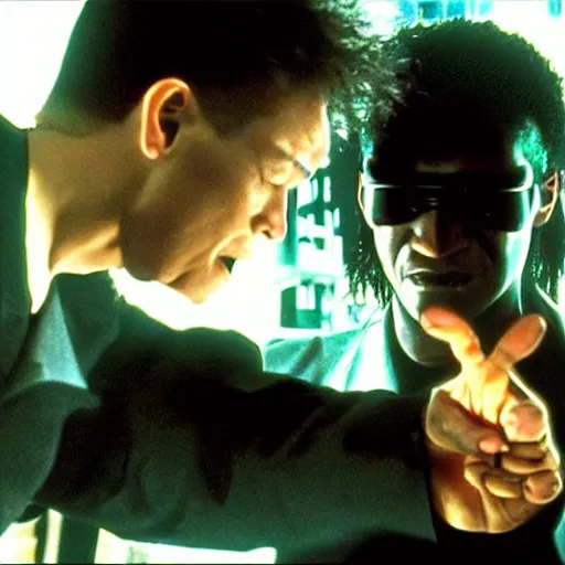 Prompt: neo punches morpheus instead of choosing a pill, still from the matrix movie