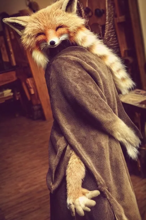 Image similar to anthropomorphic medieval fox with a fluffy tail, fursuit, cosplay, warm light, trending on instagram, photography