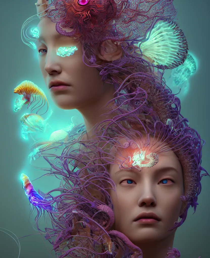 Image similar to goddess close-up face portrait. chimera orchid jellyfish phoenix head, nautilus, skull, betta fish, bioluminiscent creatures, intricate artwork by Tooth Wu and wlop and beeple. octane render, trending on artstation, greg rutkowski very coherent symmetrical artwork. cinematic, hyper realism, high detail, octane render, 8k