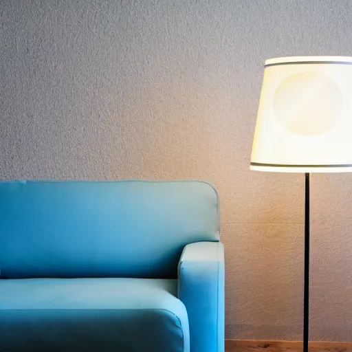 Prompt: a large blue florescent light lamp, inspired by a woman body, placed in a living room, home design magazine HD photo super realistic 3d 8k resolution