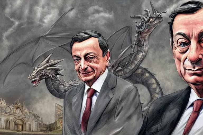 Image similar to Mario Draghi on a dragon fantasy art realistic incredible