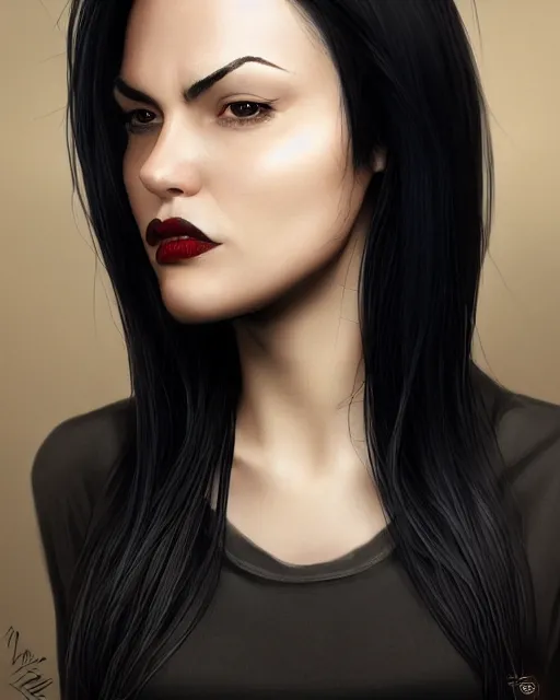 Image similar to portrait of a tall 4 0 - year - old woman with thin lips, long, voluminous black hair, and thick eyebrows, wearing in black clothes, hyper realistic face, beautiful eyes, character art, art by mark brooks, hyperdetailed, cryengine, trending on artstation, digital art