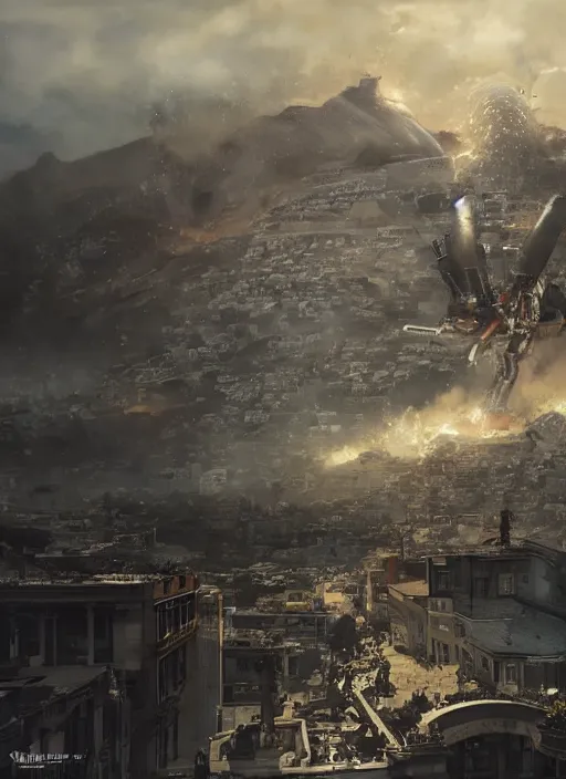 Image similar to hyper realistic squid shaped robot attacking cape town city, table mountain explosions, atmospheric beautiful details, strong composition drawn in ink by kim jung giu weta studio rutkowski, james gurney and greg rutkowski, and lucasfilm