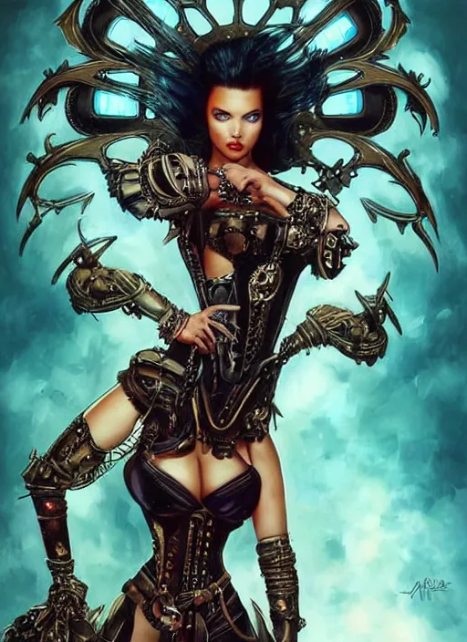 Prompt: front portrait of attractive Adriana Lima as Lady Mechanika with both hands hidden behind her back, Intrincate background with steampunk imagery , D&D!, fantasy style, sharp focus!, ultra detailed, art by Artgerm and Peter Andrew Jones, WLUP