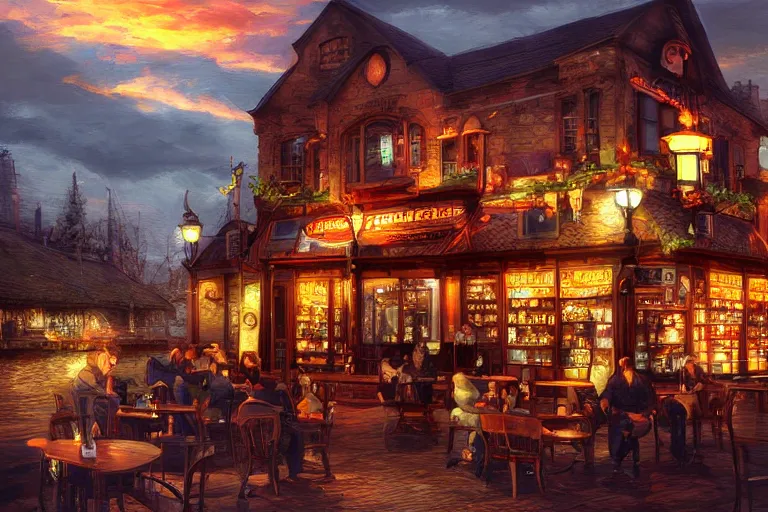 Prompt: an irish pub, digital art, sunset, beautiful lighting, by Yoshitaka Amano, happy atmosphere, trending on artstation