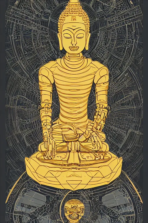 Prompt: a study of cell shaded Vector illustration of a cyborg robot buddha inside of a lotus flower , golden ratio, screen print poster, character concept art by character concept art by josan gonzalez, james jean, Mike Mignola, Laurie Greasley, highly detailed, sharp focus, sharp linework, clean strokes, motherboard, Artstation, deviantart, artgem