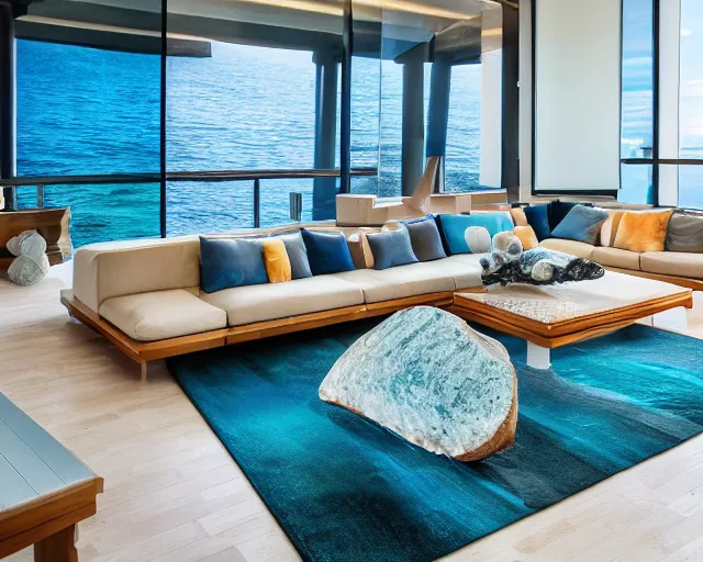 Image similar to A modern living room inspired by the ocean, a luxurious wooden coffee table with large seashells on top in the center, amazing detail, 8k resolution, blue color, calm, relaxed style, harmony, wide angle shot