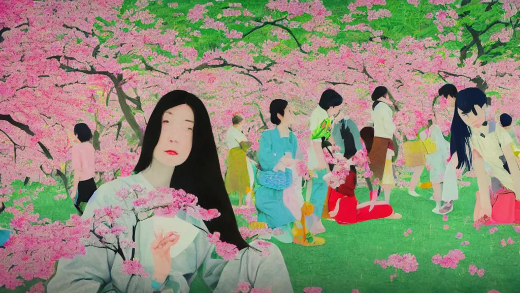 Prompt: close - up, of a woman in a small group of people flower viewing sakura picnic, japan, a collage painting, in the style of wes anderson, lola dupre, david hockney, isolated on negative white space background dark monochrome neon fluorescent spraypaint accents volumetric octane render